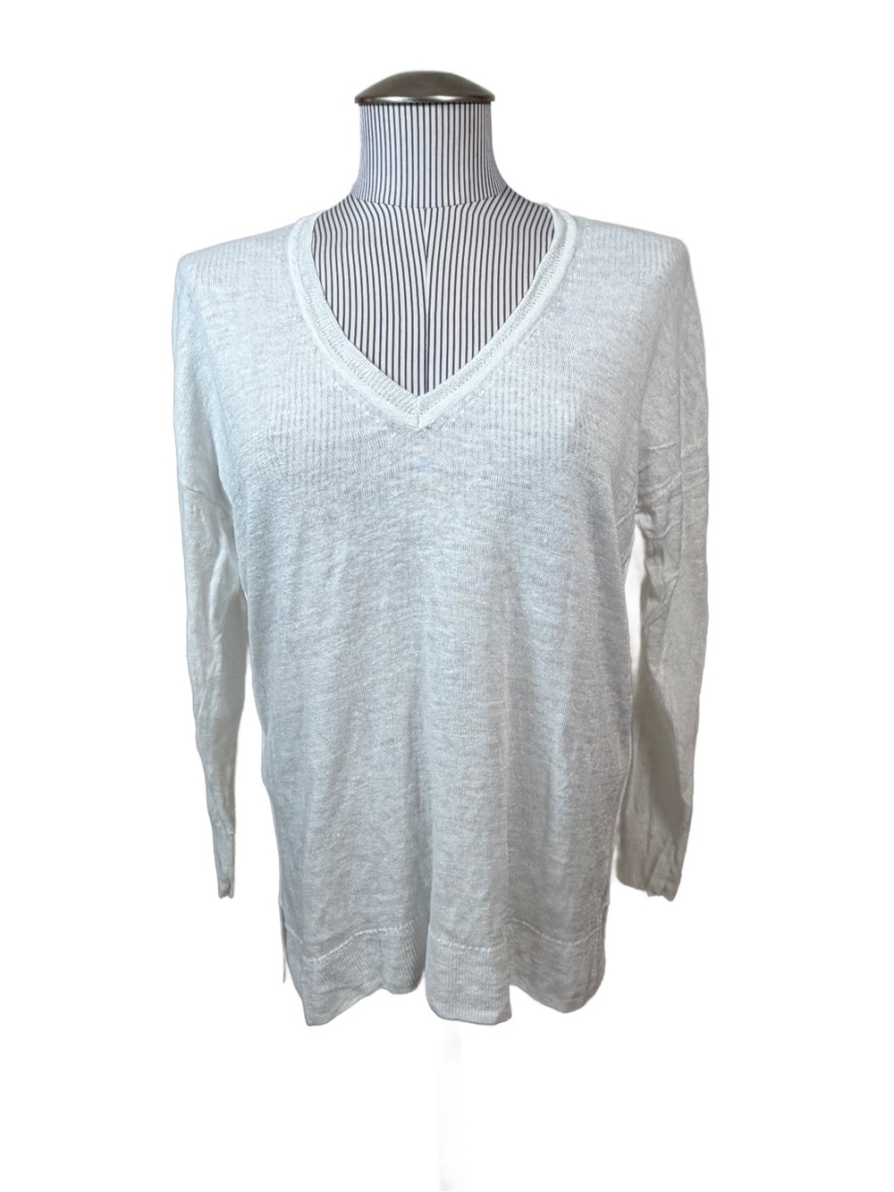 J.Crew 100% Linen V-Neck White Knit Lightweight Sweater Natural Fiber Med A5234